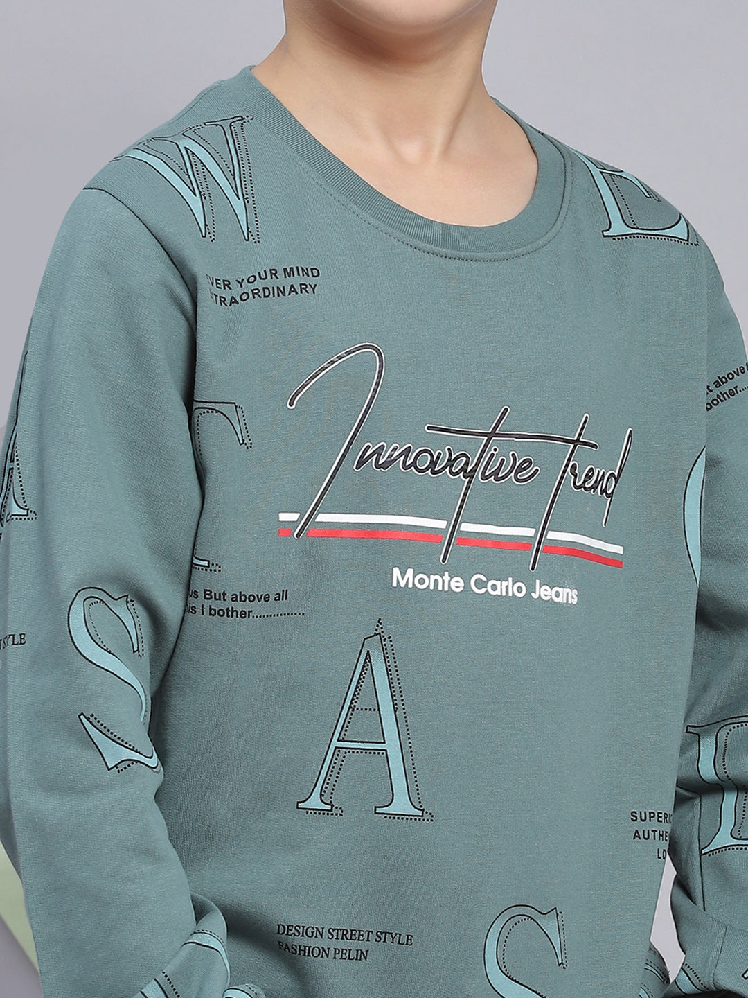 Boys Green Printed Round Neck Full Sleeve Sweatshirt