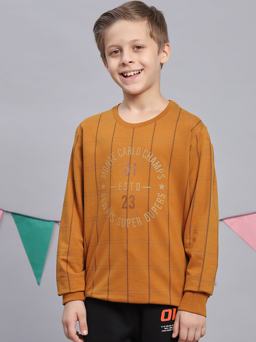 Boys Mustard Printed Round Neck Full Sleeve Sweatshirt