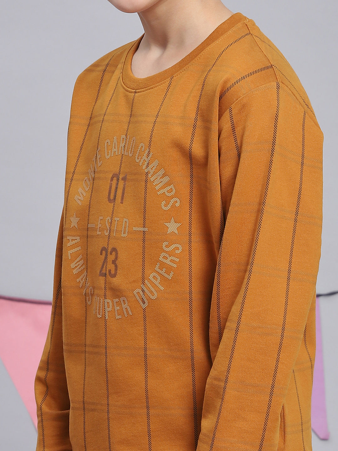 Boys Mustard Printed Round Neck Full Sleeve Sweatshirt