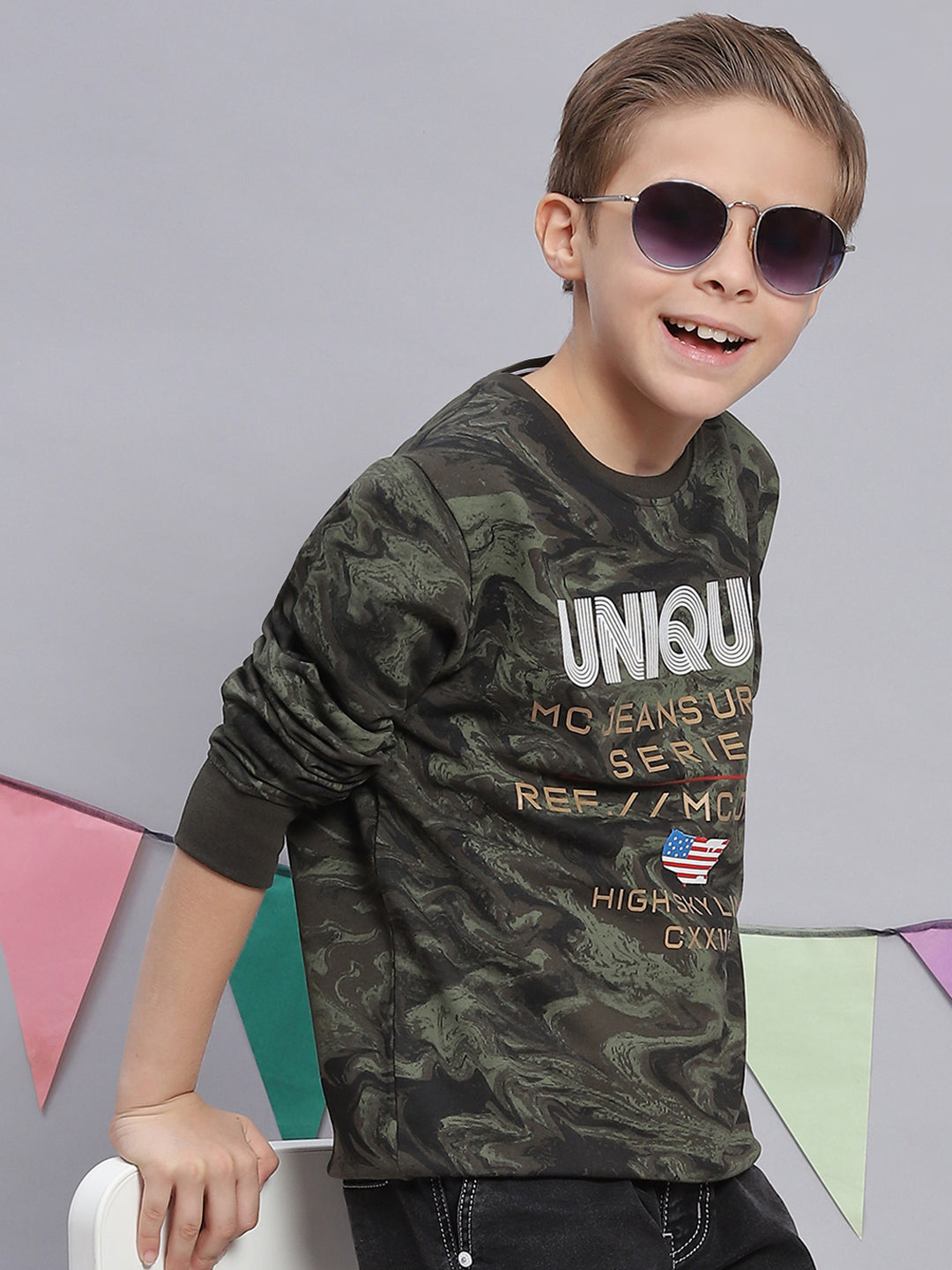 Boys Olive Printed Round Neck Full Sleeve Sweatshirt