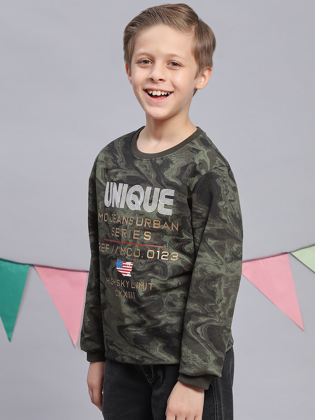 Boys Olive Printed Round Neck Full Sleeve Sweatshirt