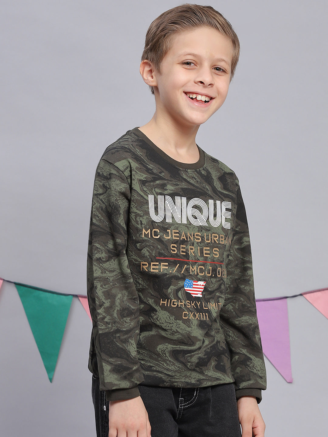 Boys Olive Printed Round Neck Full Sleeve Sweatshirt