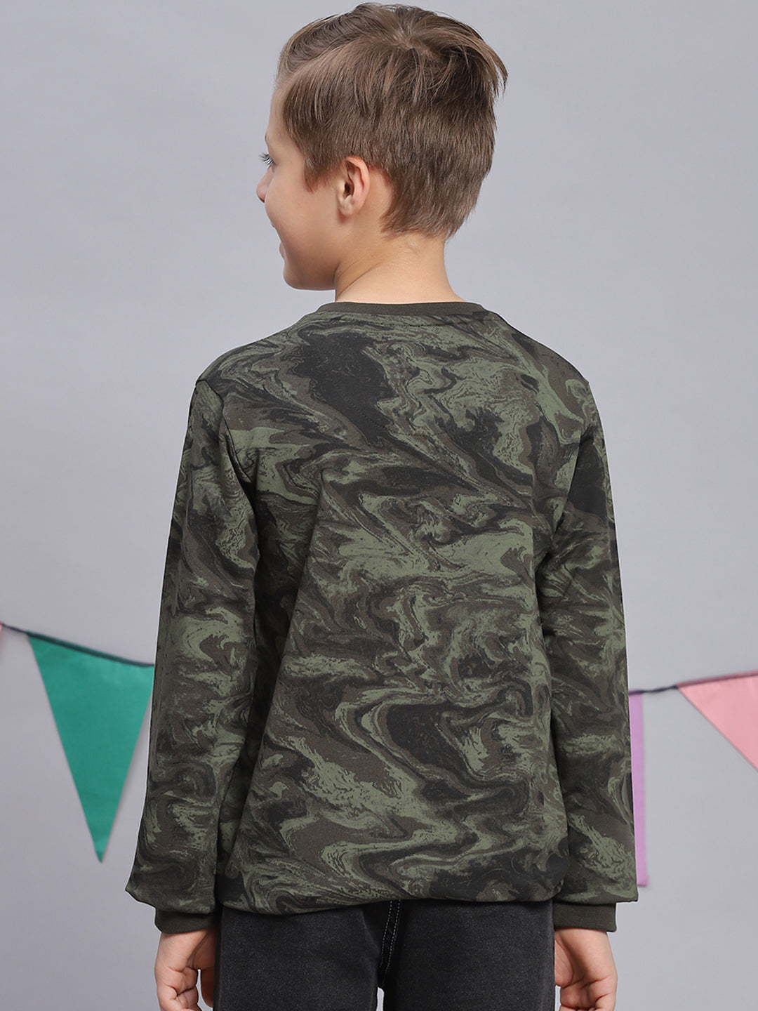 Boys Olive Printed Round Neck Full Sleeve Sweatshirt