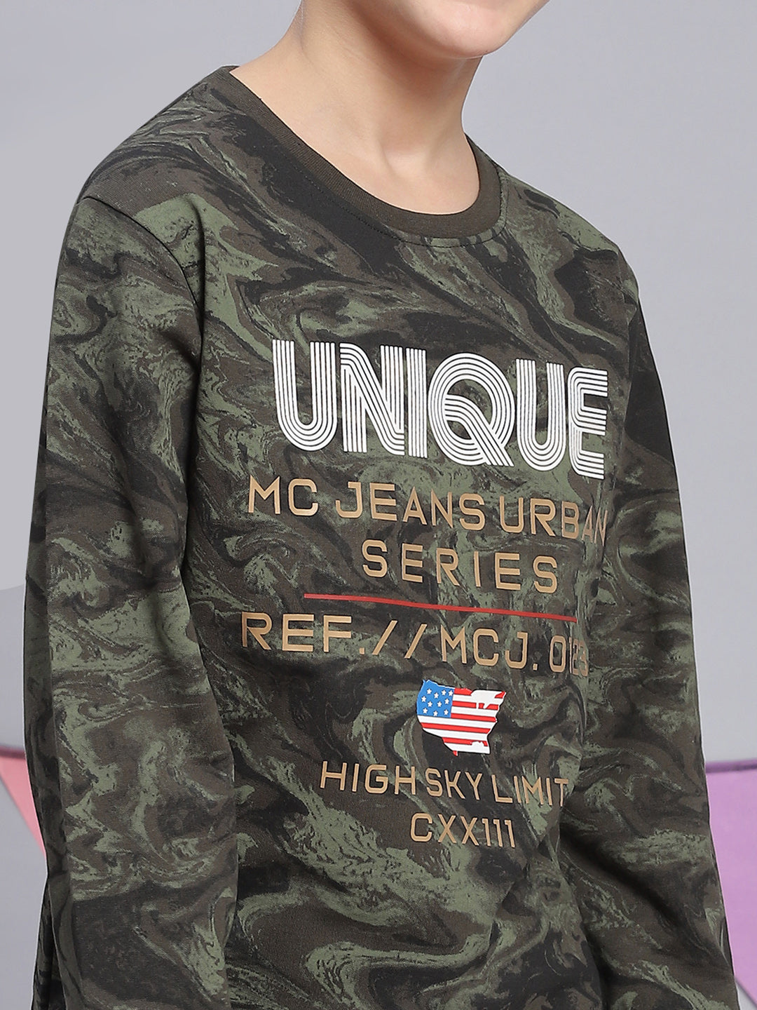 Boys Olive Printed Round Neck Full Sleeve Sweatshirt