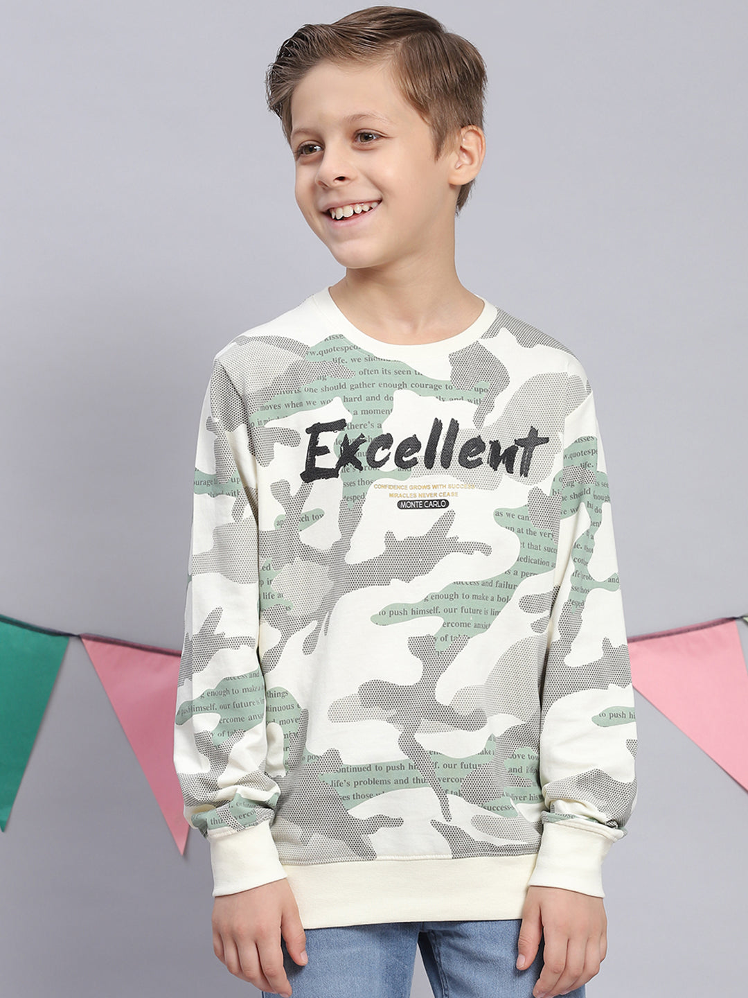 Boys Off White Printed Round Neck Full Sleeve Sweatshirt