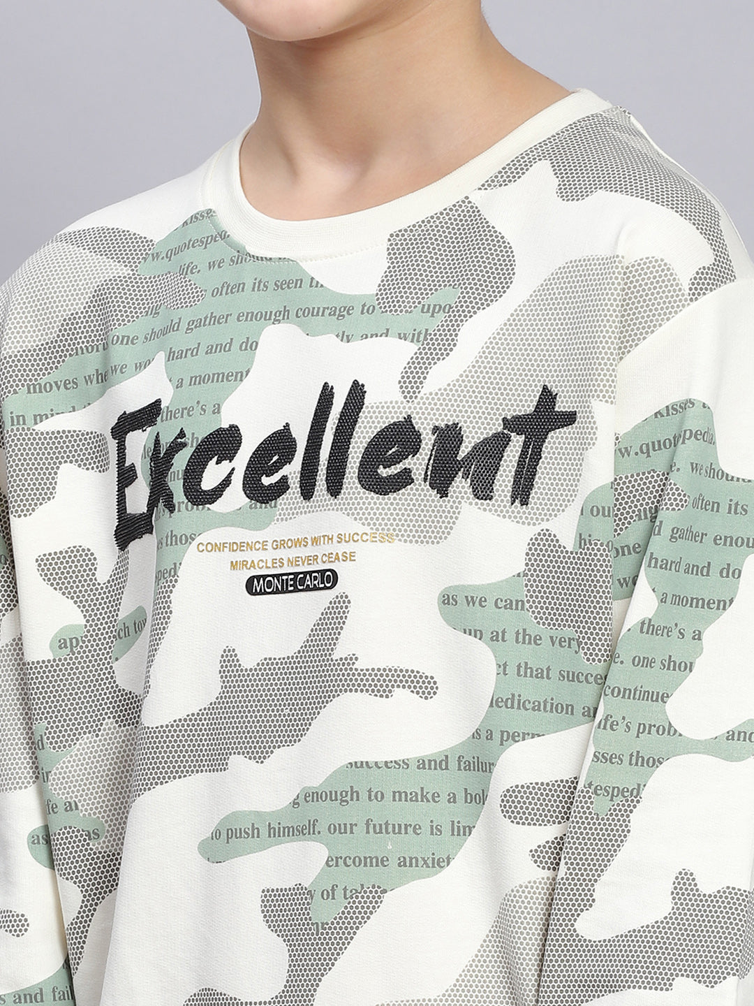 Boys Off White Printed Round Neck Full Sleeve Sweatshirt