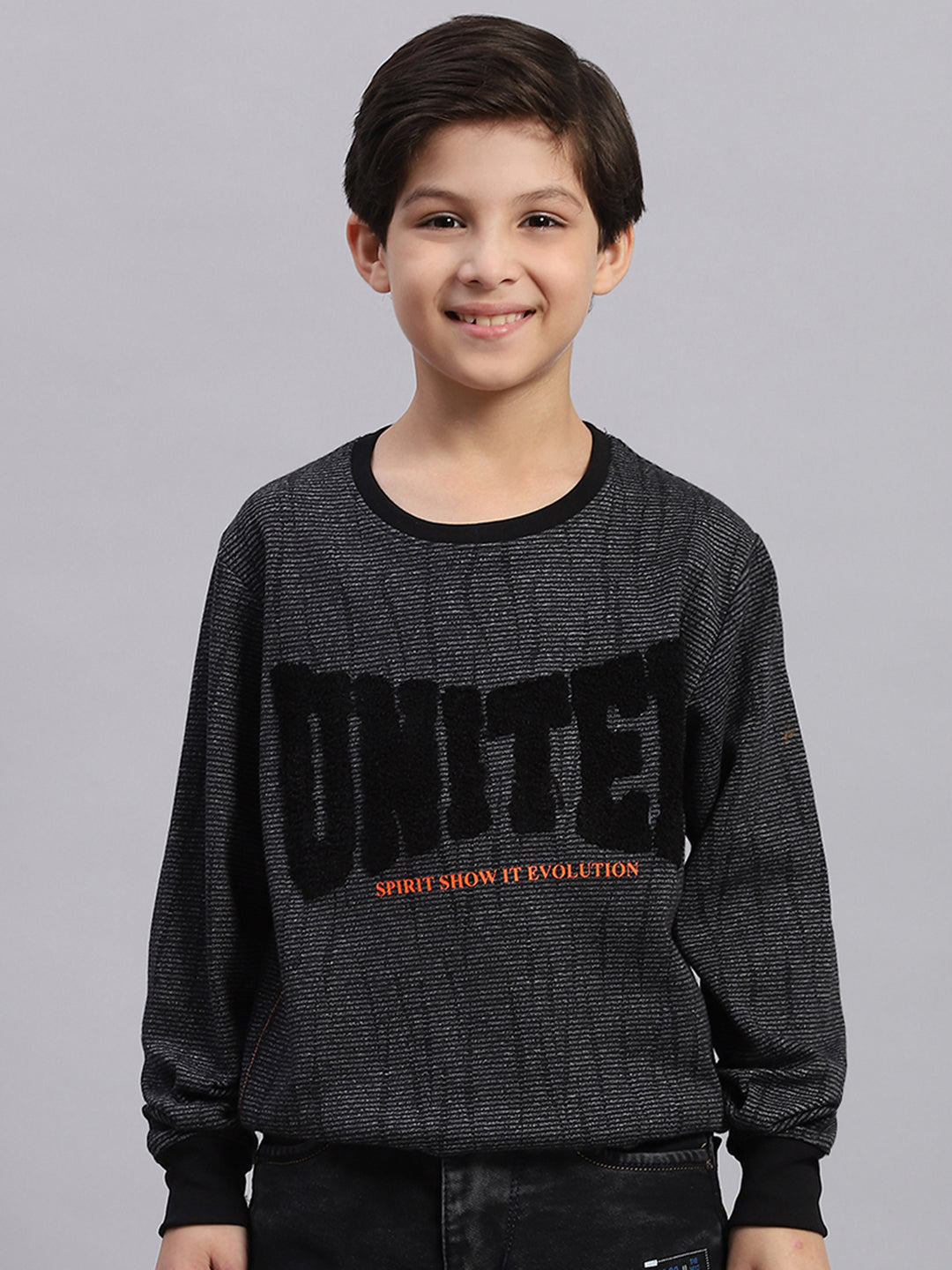 Boys Black Self Design Round Neck Full Sleeve Sweatshirt
