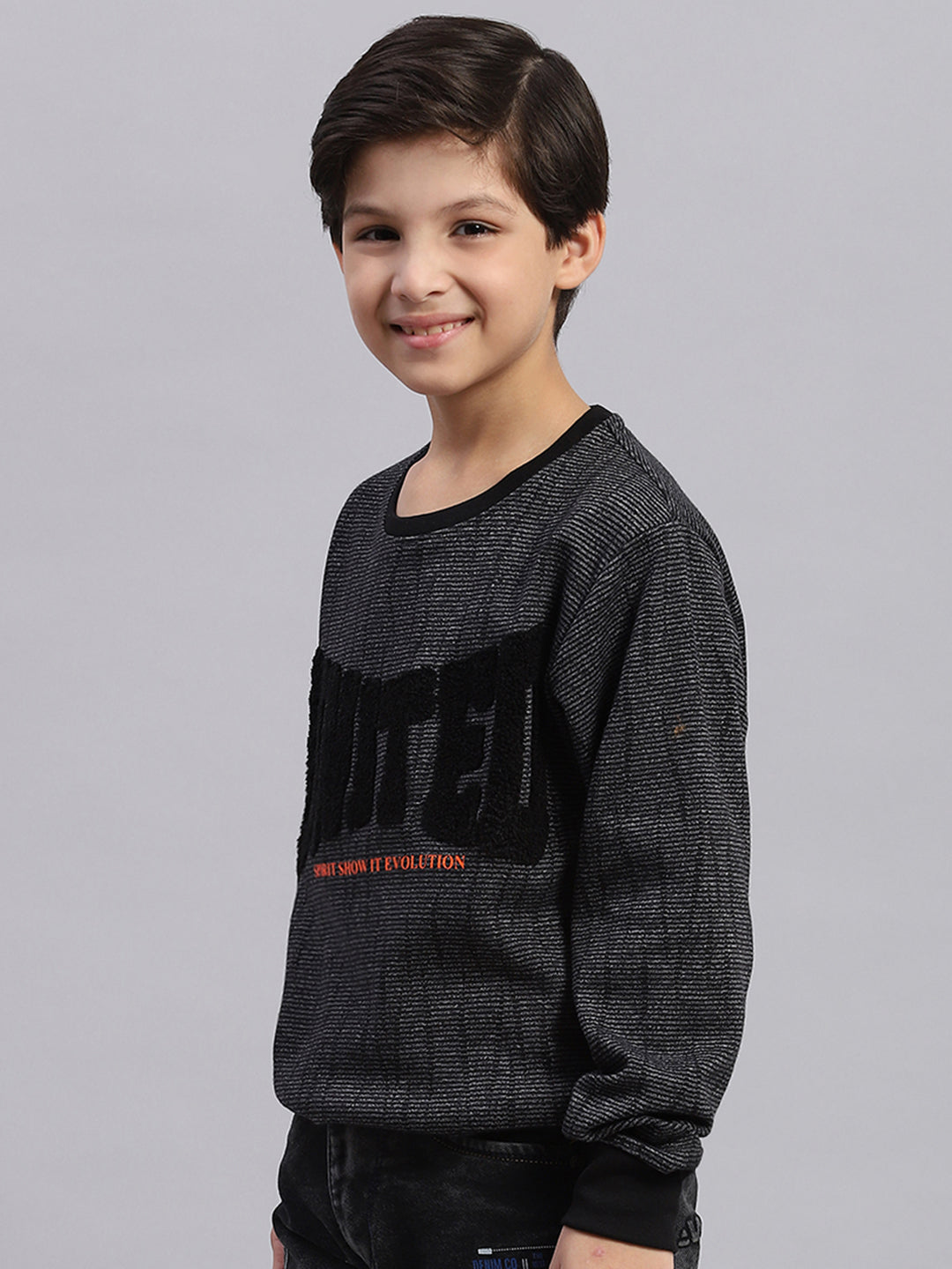 Boys Black Self Design Round Neck Full Sleeve Sweatshirt