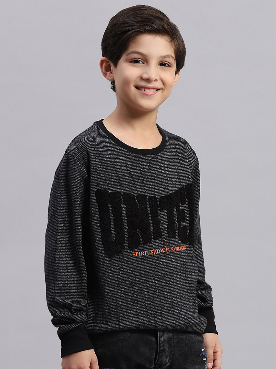 Boys Black Self Design Round Neck Full Sleeve Sweatshirt