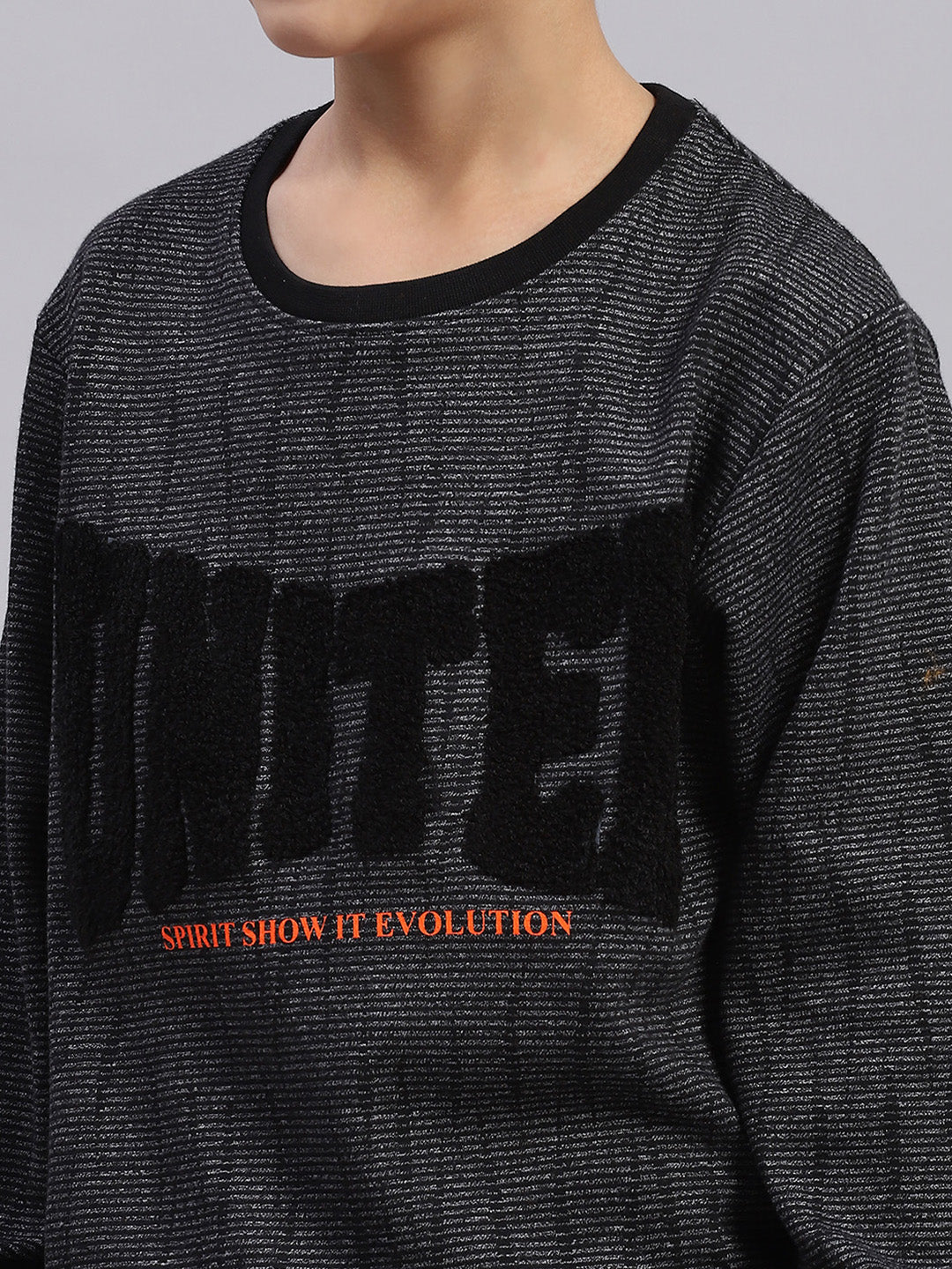 Boys Black Self Design Round Neck Full Sleeve Sweatshirt