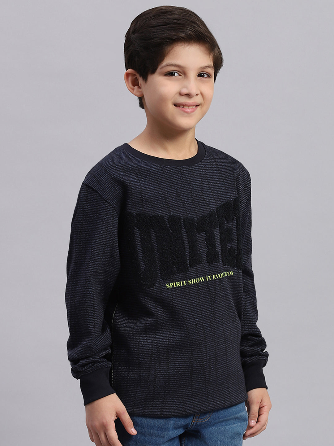 Boys Blue Self Design Round Neck Full Sleeve Sweatshirt
