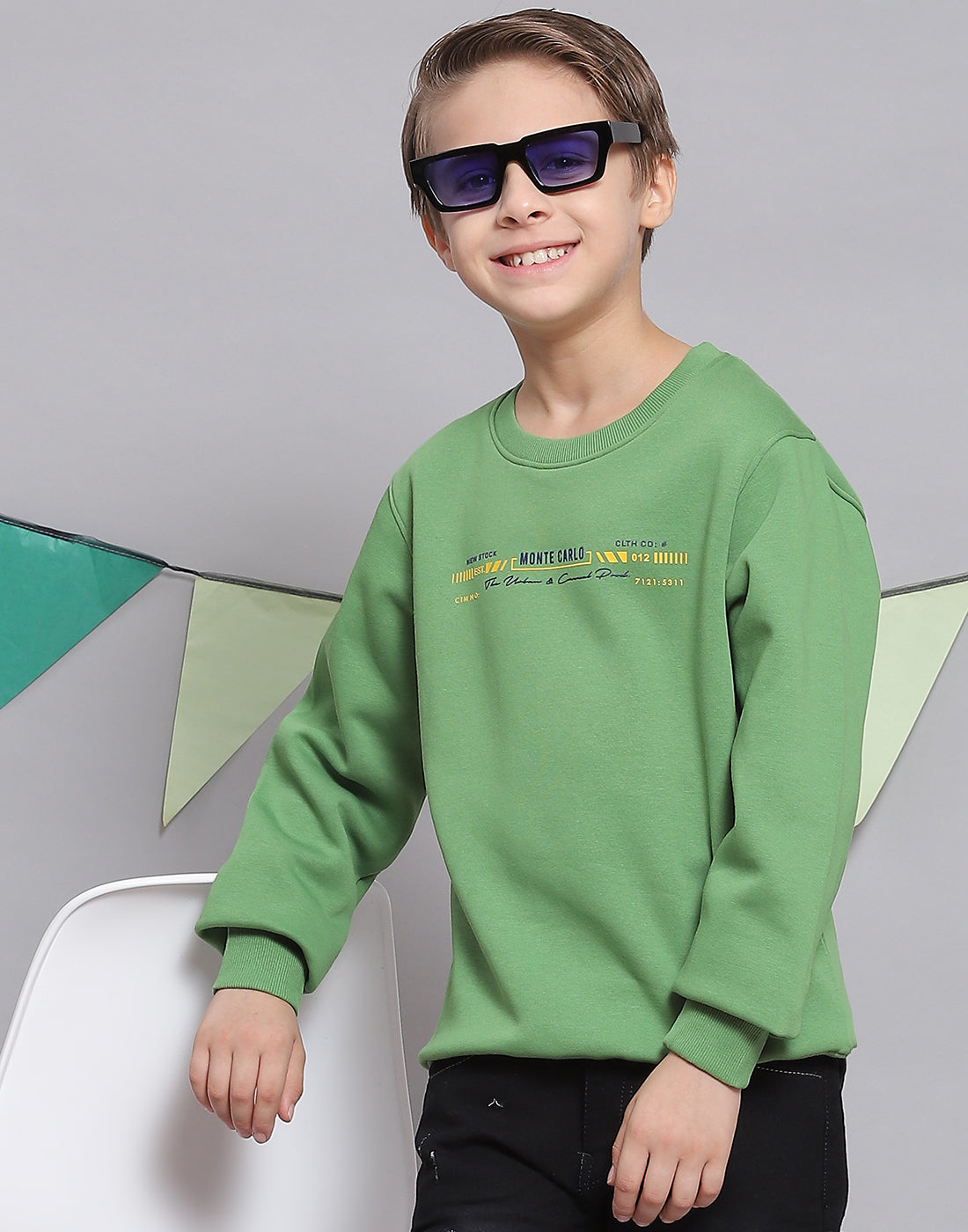 Boys Green Printed Round Neck Full Sleeve Sweatshirt