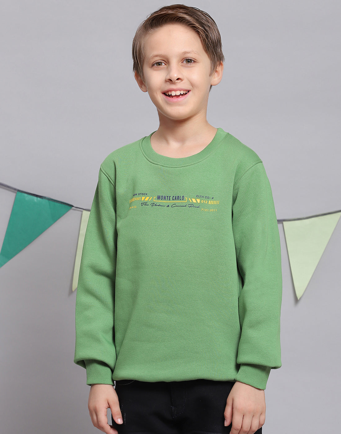 Boys Green Printed Round Neck Full Sleeve Sweatshirt