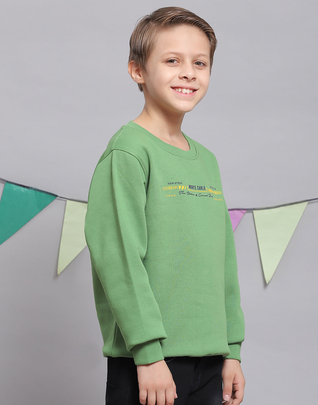 Boys Green Printed Round Neck Full Sleeve Sweatshirt