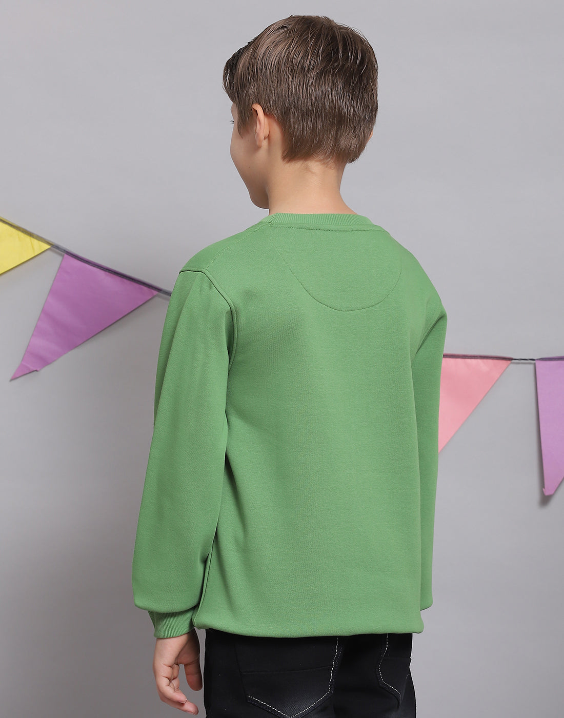 Boys Green Printed Round Neck Full Sleeve Sweatshirt
