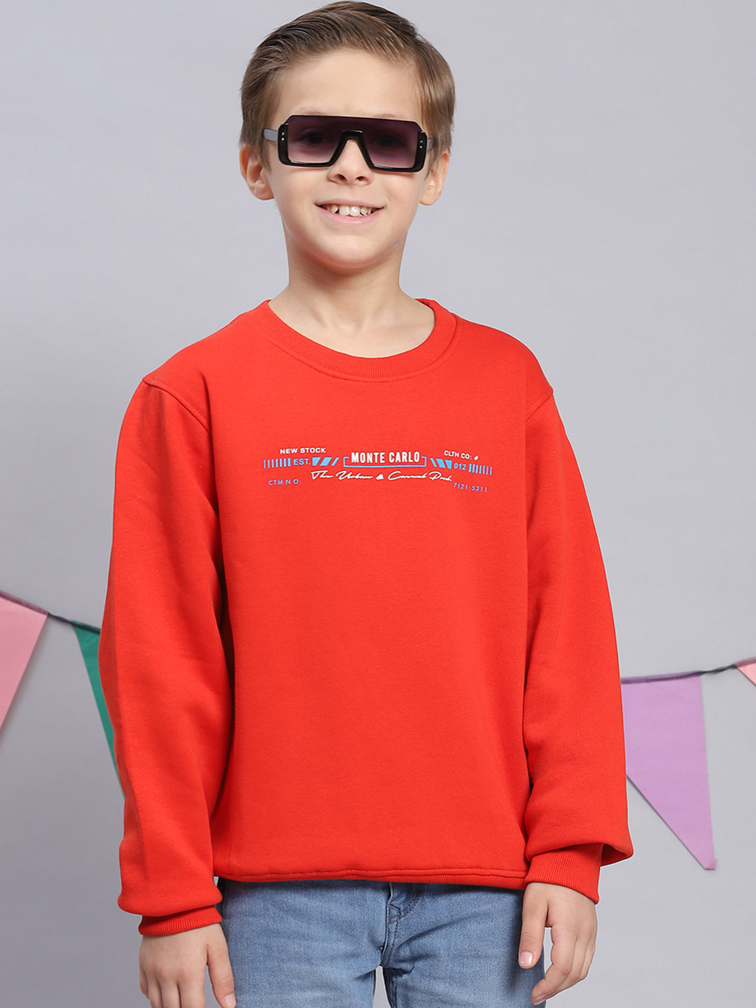 Boys Red Printed Round Neck Full Sleeve Sweatshirt
