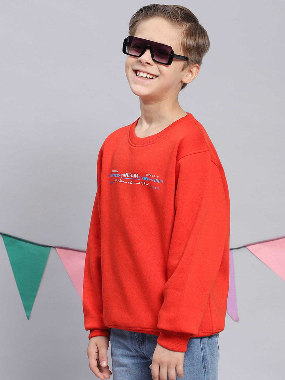 Boys Red Printed Round Neck Full Sleeve Sweatshirt