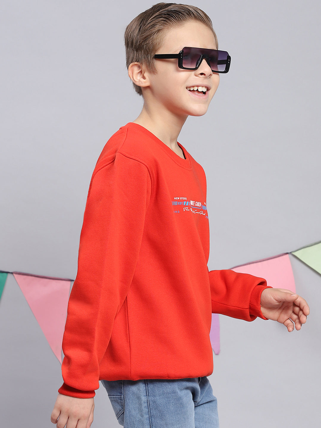 Boys Red Printed Round Neck Full Sleeve Sweatshirt