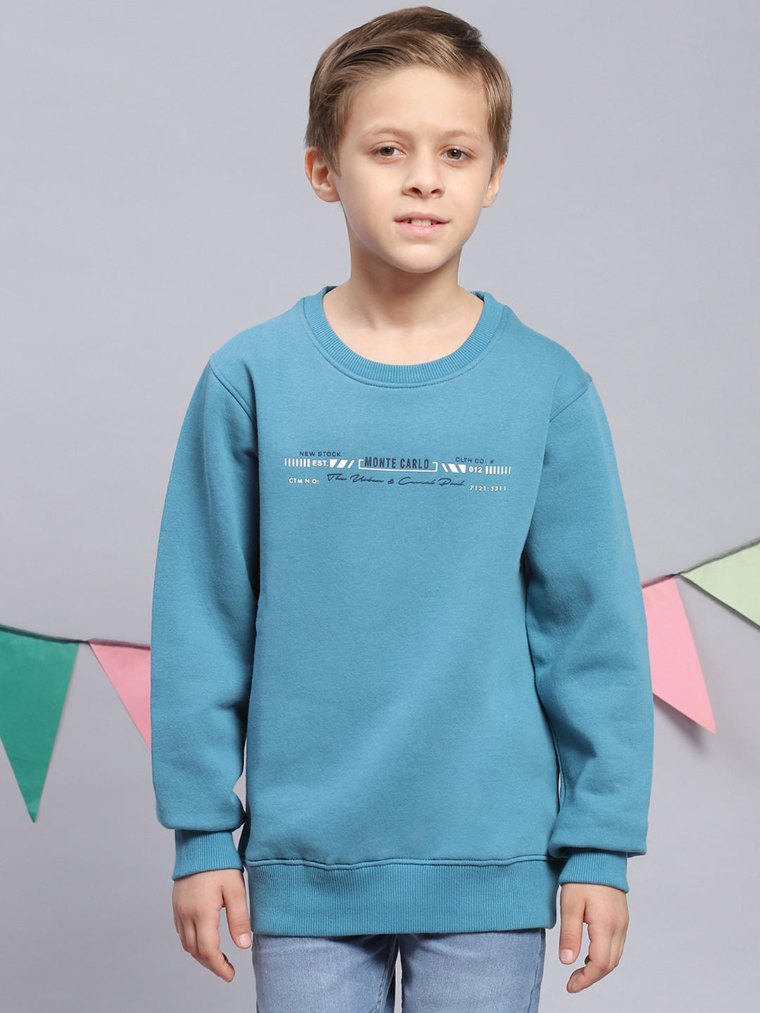 Boys Blue Printed Round Neck Full Sleeve Sweatshirt