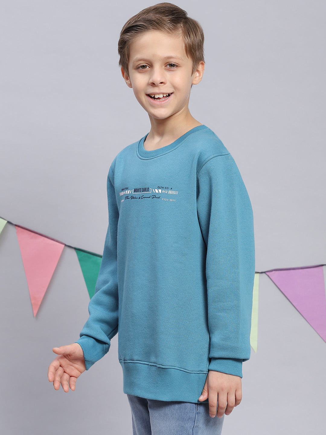 Boys Blue Printed Round Neck Full Sleeve Sweatshirt
