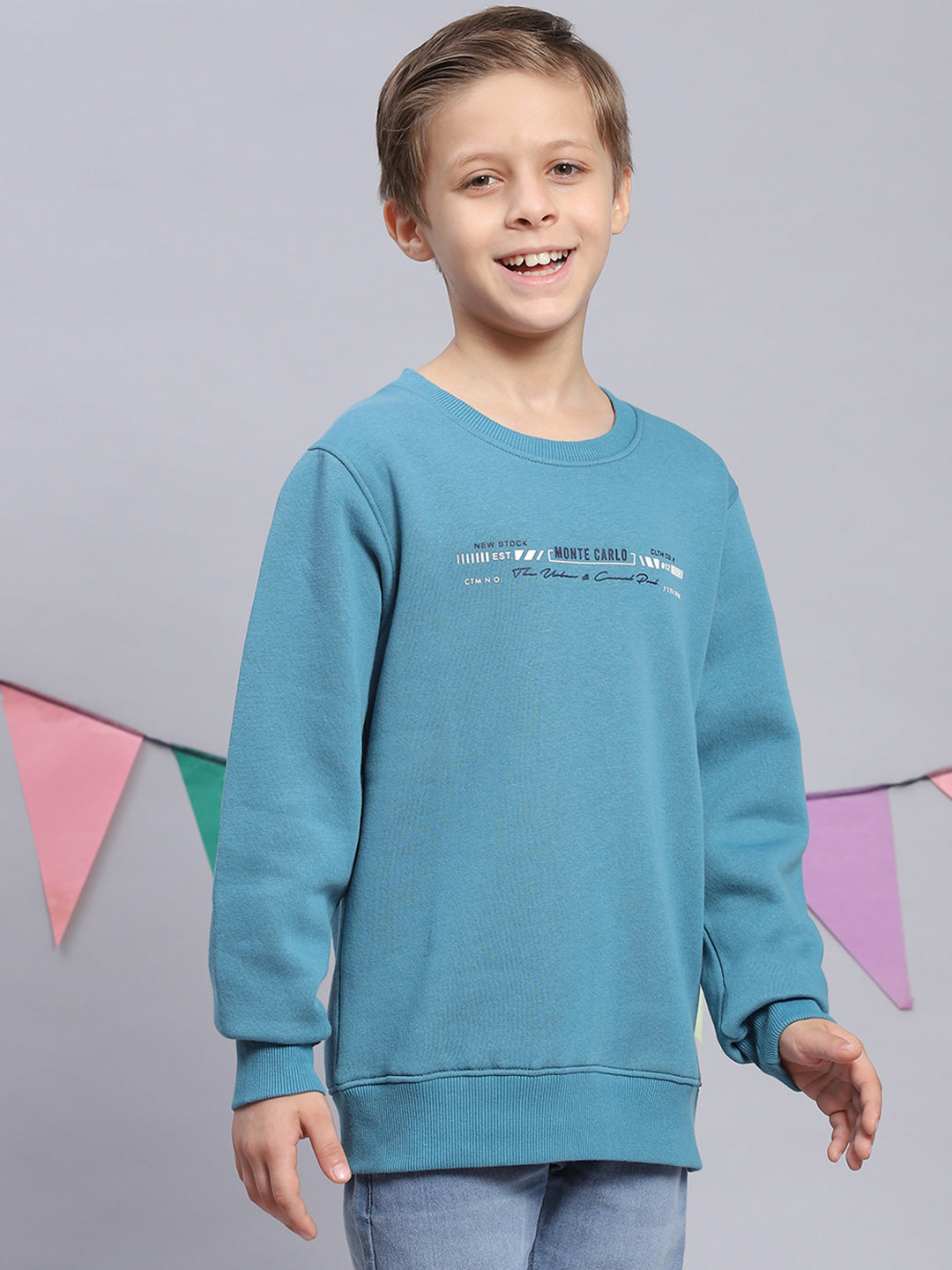 Boys Blue Printed Round Neck Full Sleeve Sweatshirt