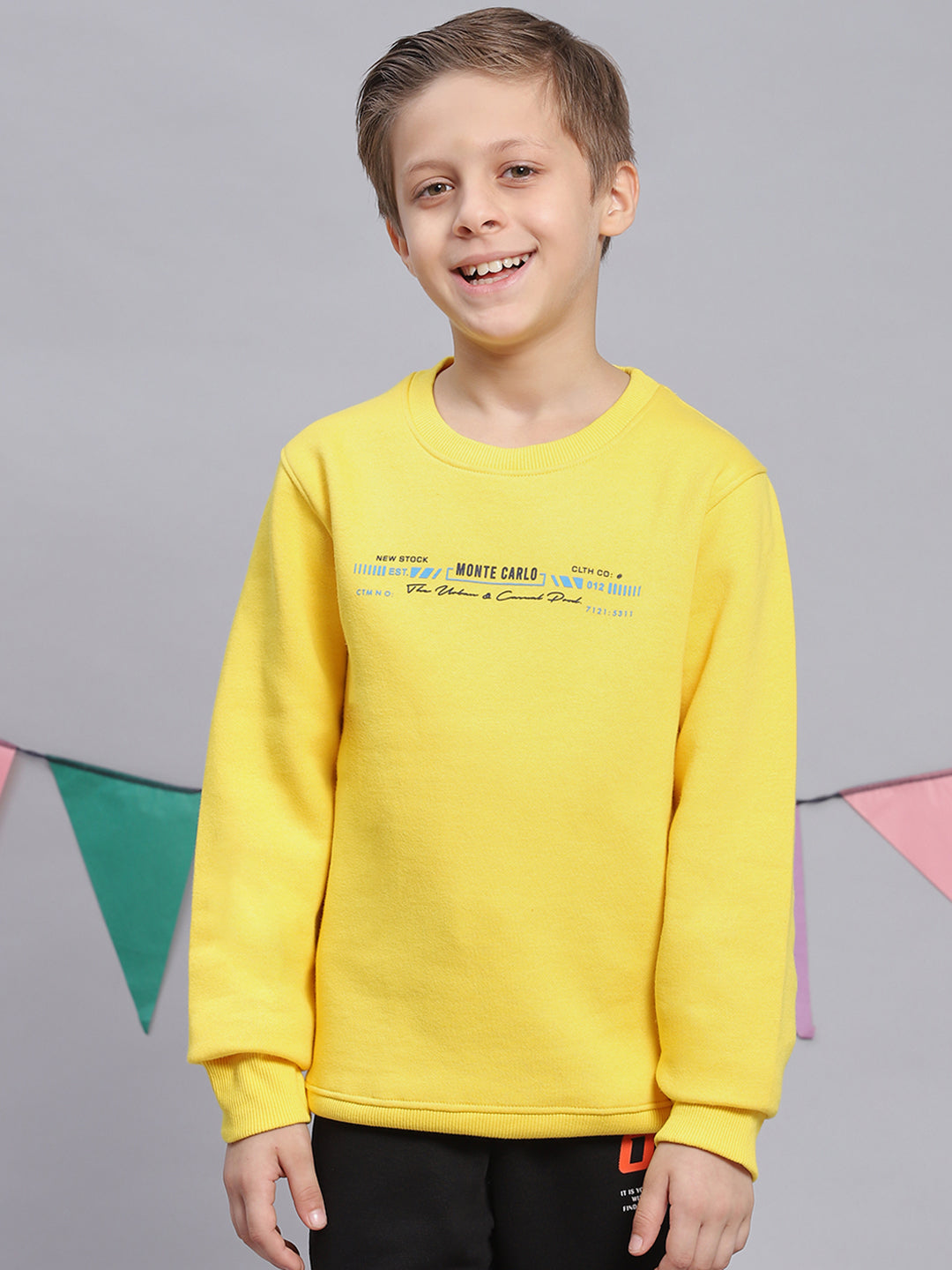 Boys Yellow Printed Round Neck Full Sleeve Sweatshirt