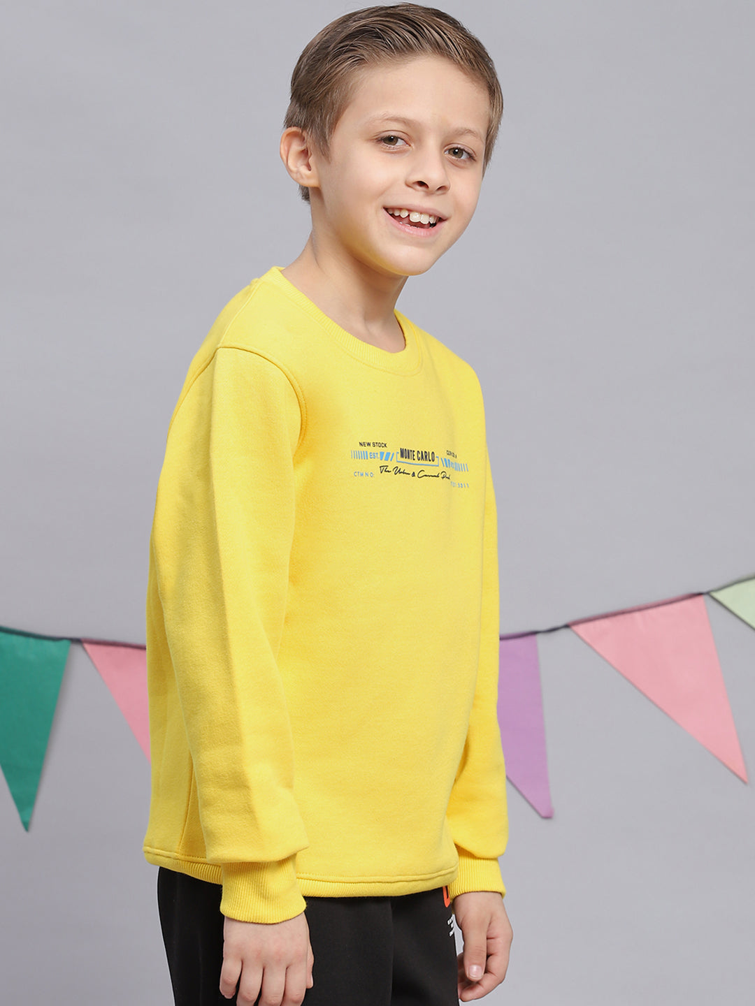 Boys Yellow Printed Round Neck Full Sleeve Sweatshirt