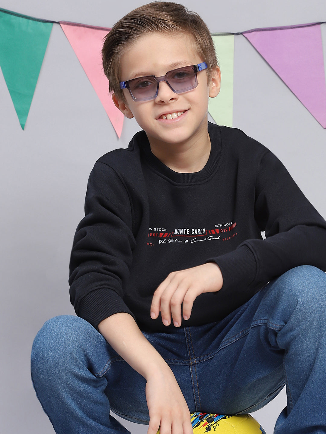 Boys Navy Blue Printed Round Neck Full Sleeve Sweatshirt