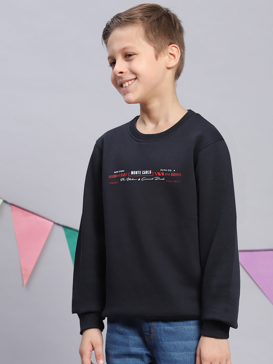Boys Navy Blue Printed Round Neck Full Sleeve Sweatshirt