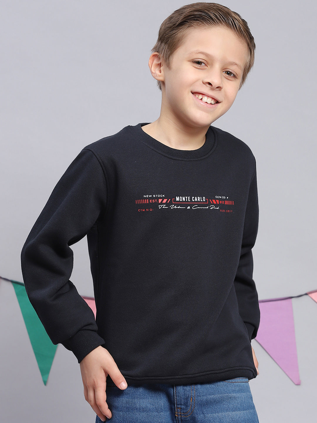 Boys Navy Blue Printed Round Neck Full Sleeve Sweatshirt