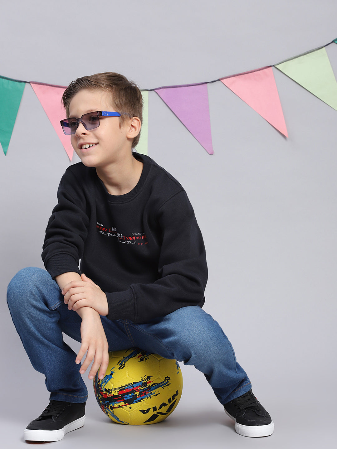 Boys Navy Blue Printed Round Neck Full Sleeve Sweatshirt