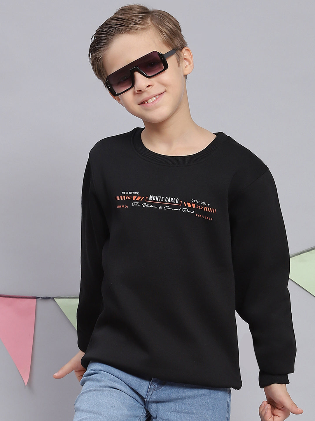 Boys Black Printed Round Neck Full Sleeve Sweatshirt