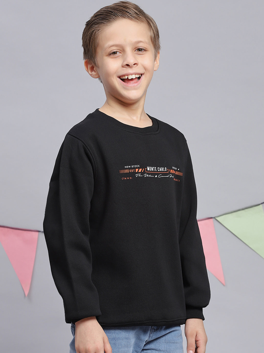 Boys Black Printed Round Neck Full Sleeve Sweatshirt