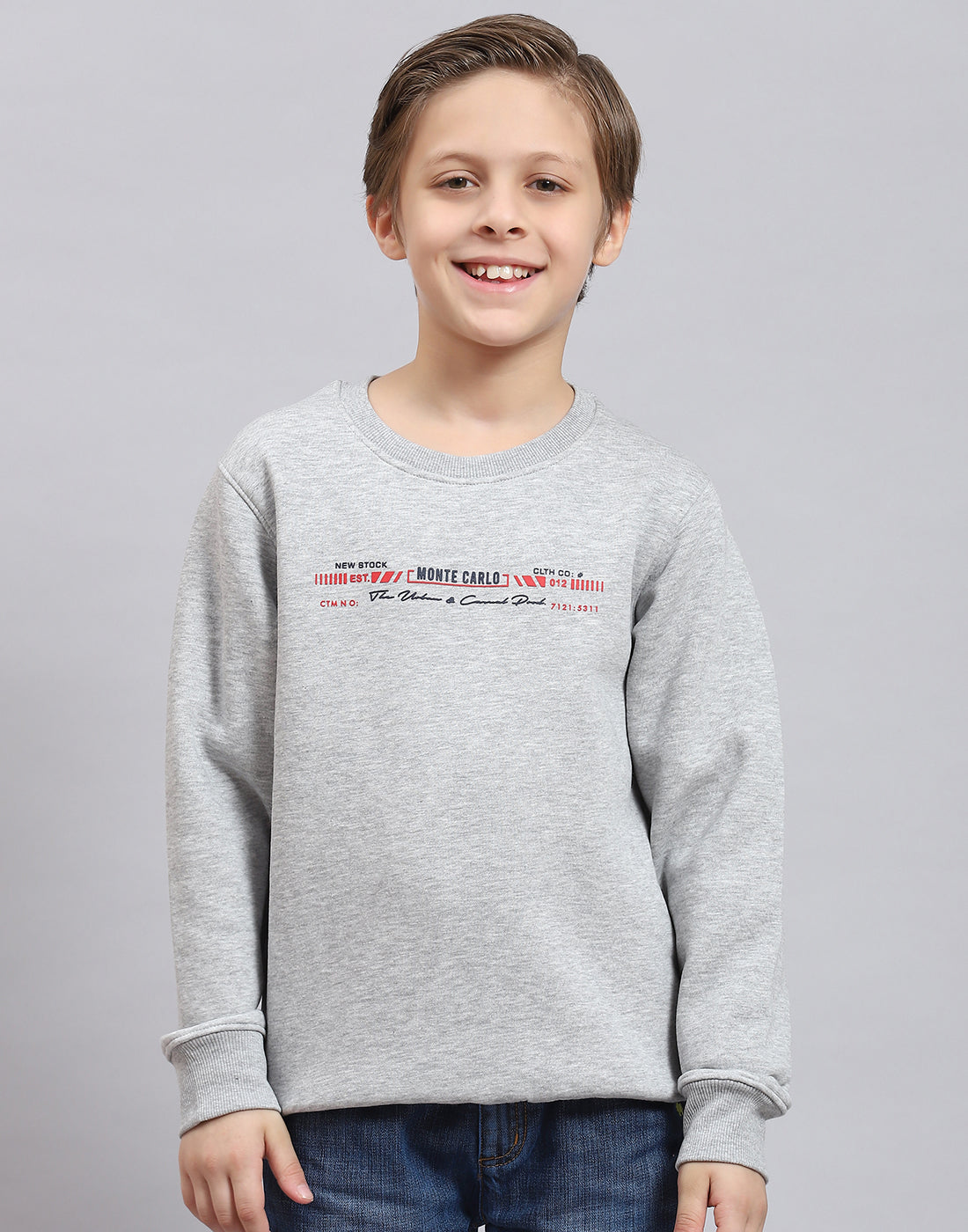 Boys Grey Melange Printed Round Neck Full Sleeve Sweatshirt