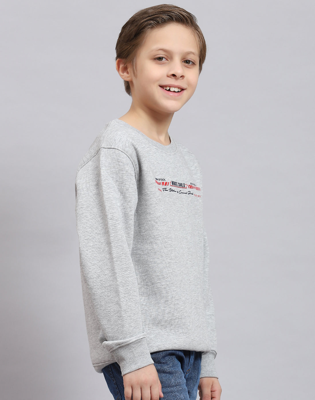 Boys Grey Melange Printed Round Neck Full Sleeve Sweatshirt