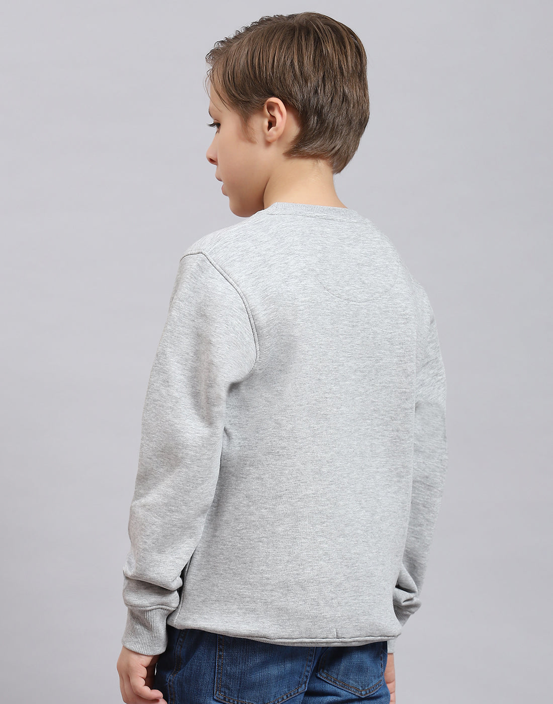 Boys Grey Melange Printed Round Neck Full Sleeve Sweatshirt