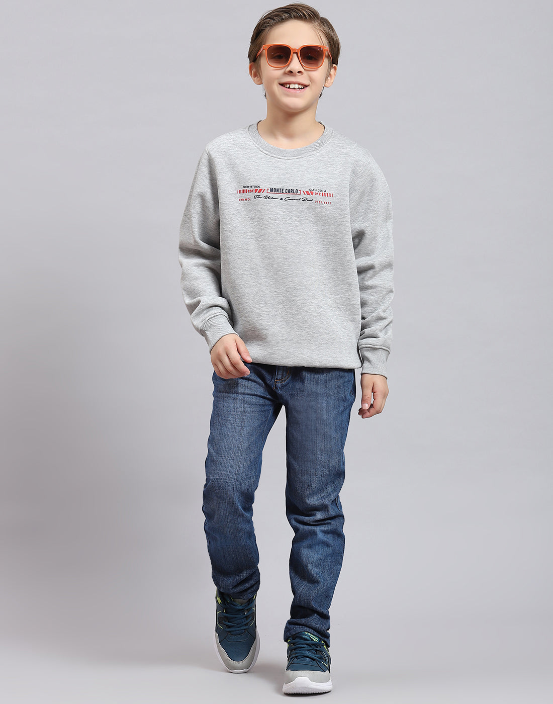 Boys Grey Melange Printed Round Neck Full Sleeve Sweatshirt