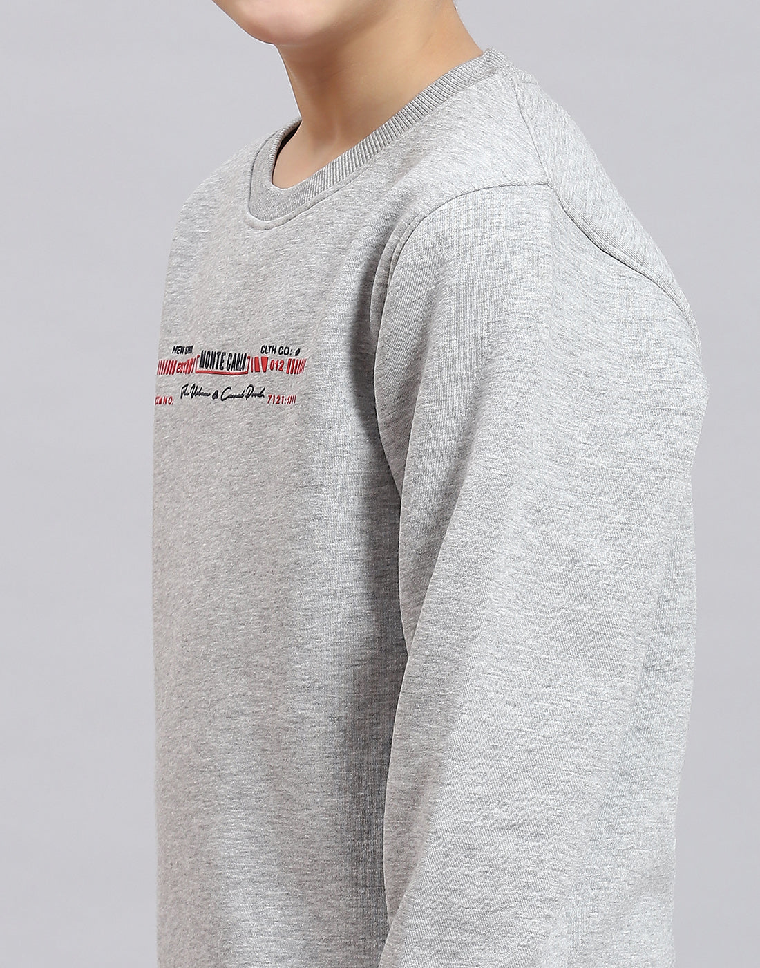 Boys Grey Melange Printed Round Neck Full Sleeve Sweatshirt