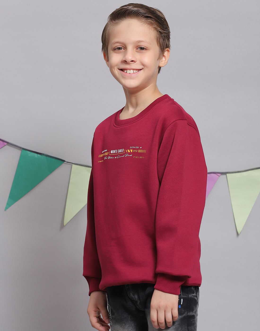 Boys Maroon Printed Round Neck Full Sleeve Sweatshirt