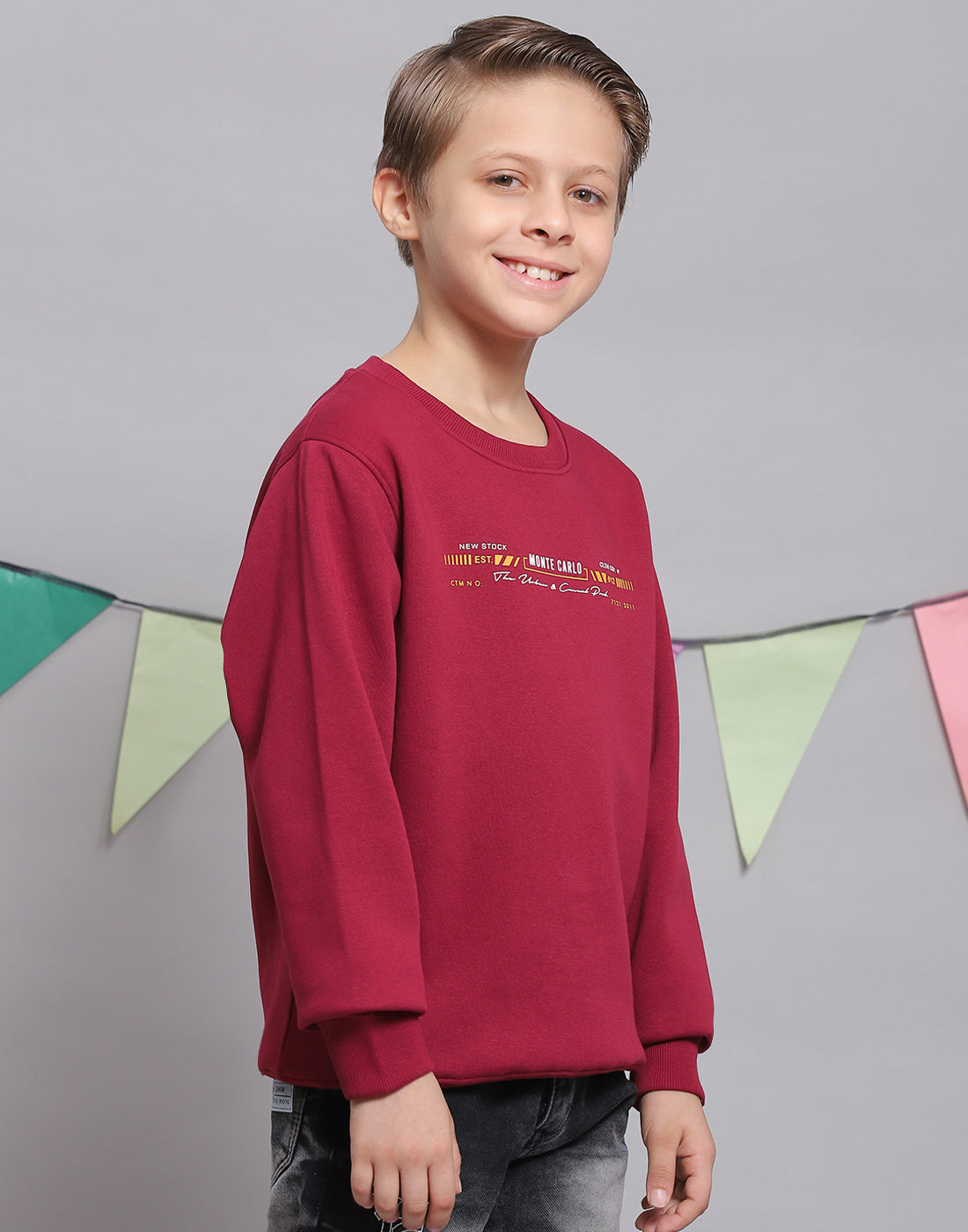 Boys Maroon Printed Round Neck Full Sleeve Sweatshirt