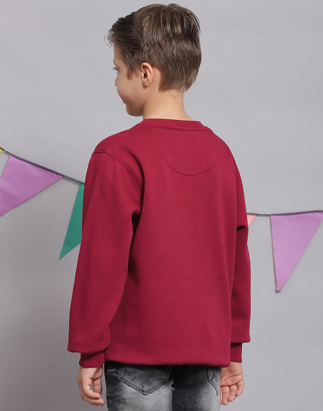 Boys Maroon Printed Round Neck Full Sleeve Sweatshirt