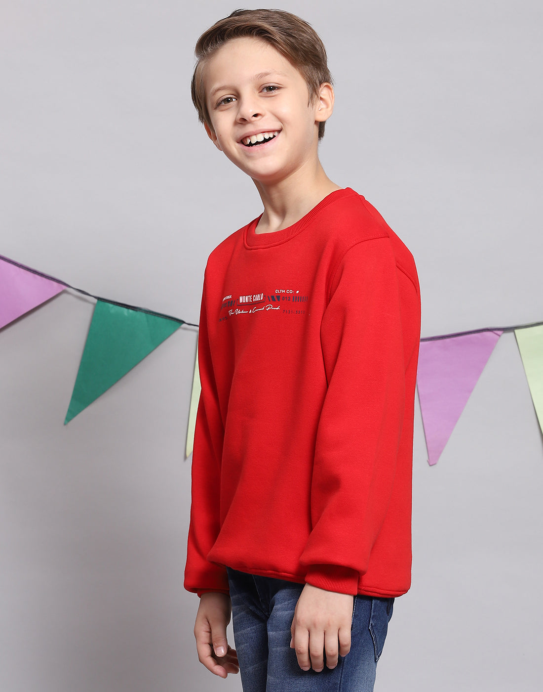 Boys Red Printed Round Neck Full Sleeve Sweatshirt