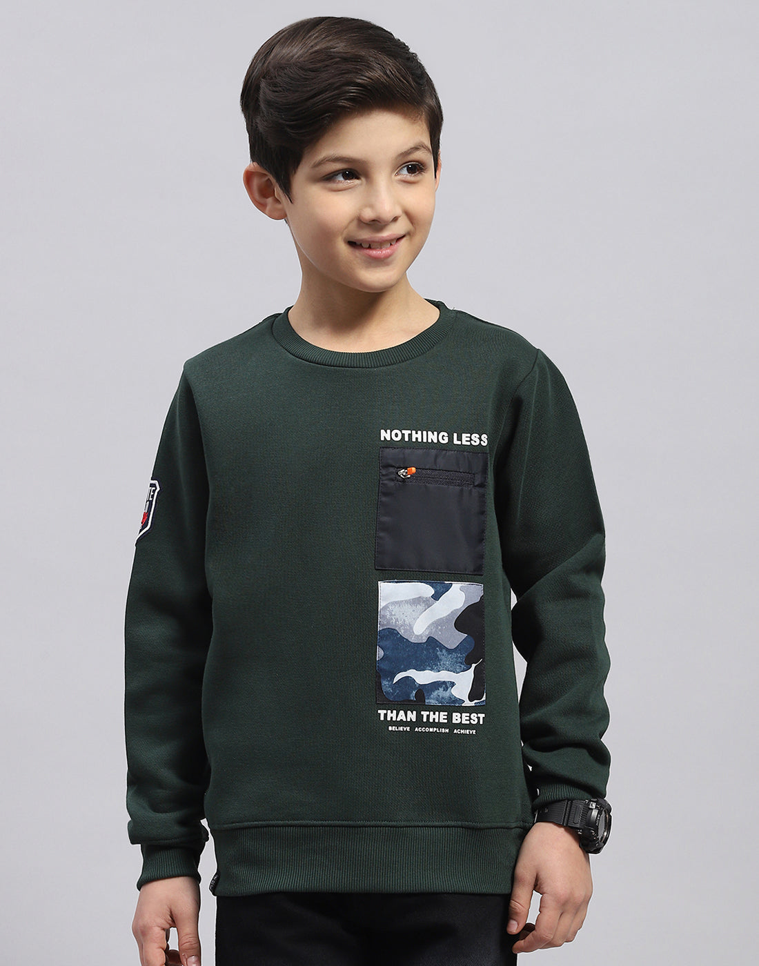 Boys Olive Printed Round Neck Full Sleeve Sweatshirt