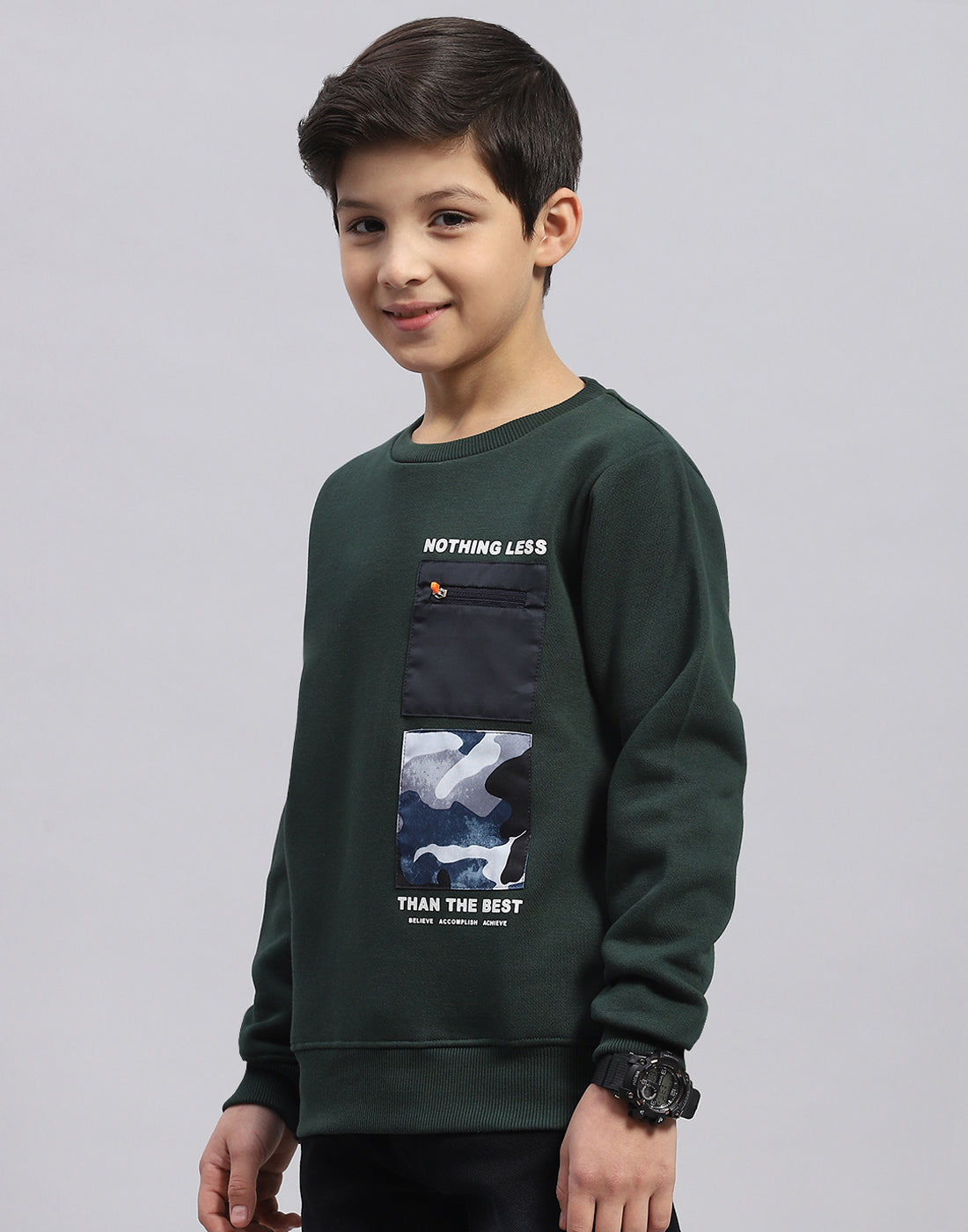Boys Olive Printed Round Neck Full Sleeve Sweatshirt