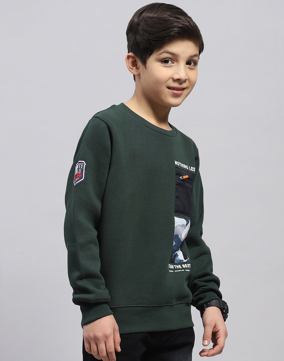 Boys Olive Printed Round Neck Full Sleeve Sweatshirt