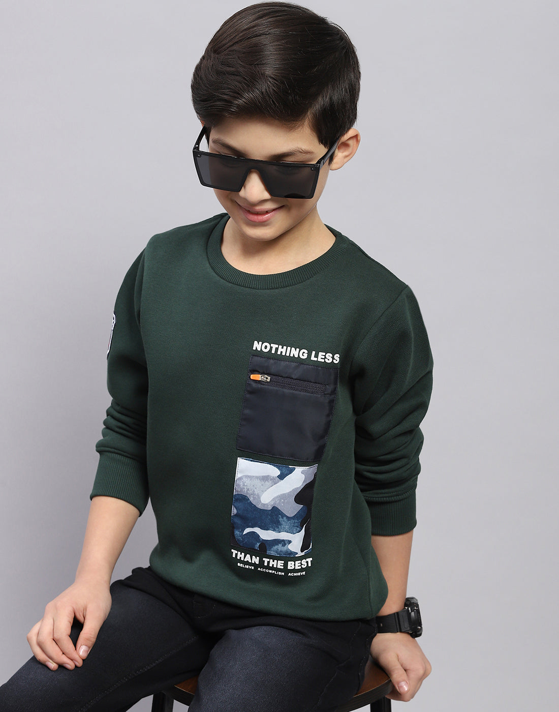 Boys Olive Printed Round Neck Full Sleeve Sweatshirt