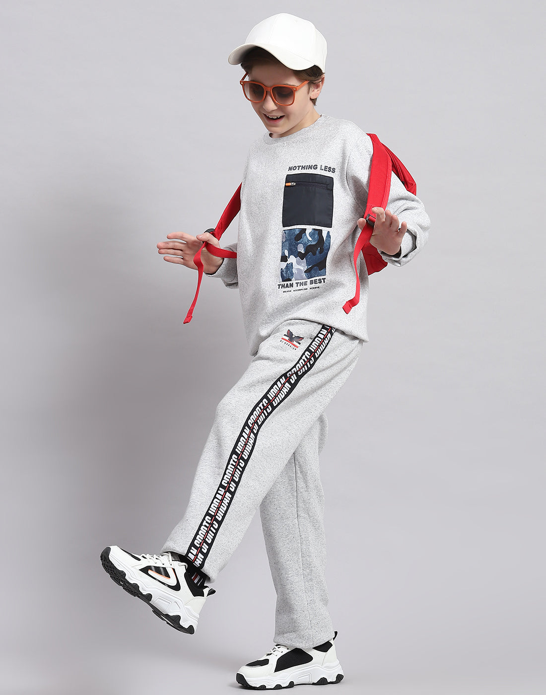 Boys Grey Melange Printed Round Neck Full Sleeve Sweatshirt