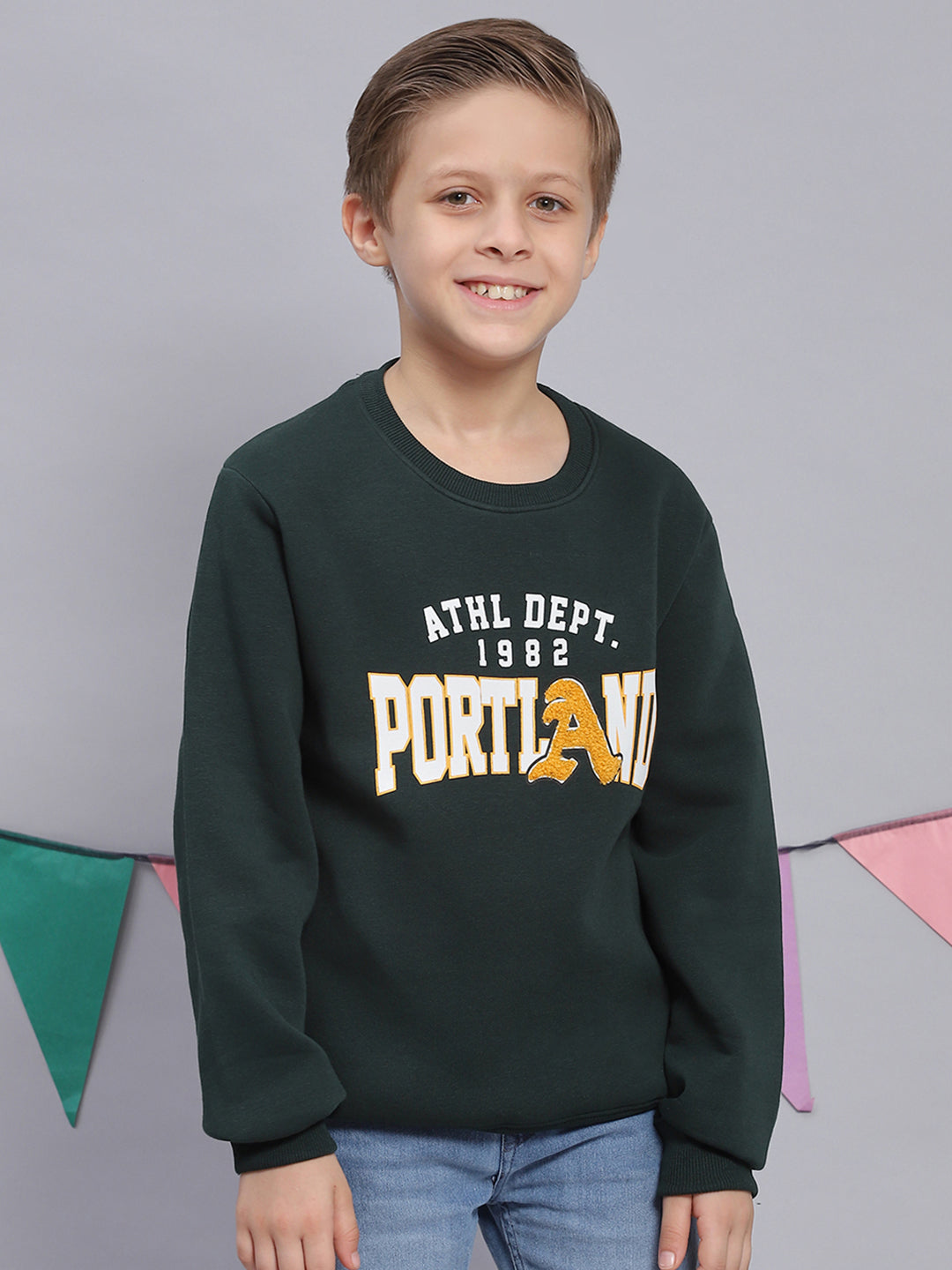 Boys Green Printed Round Neck Full Sleeve Sweatshirt