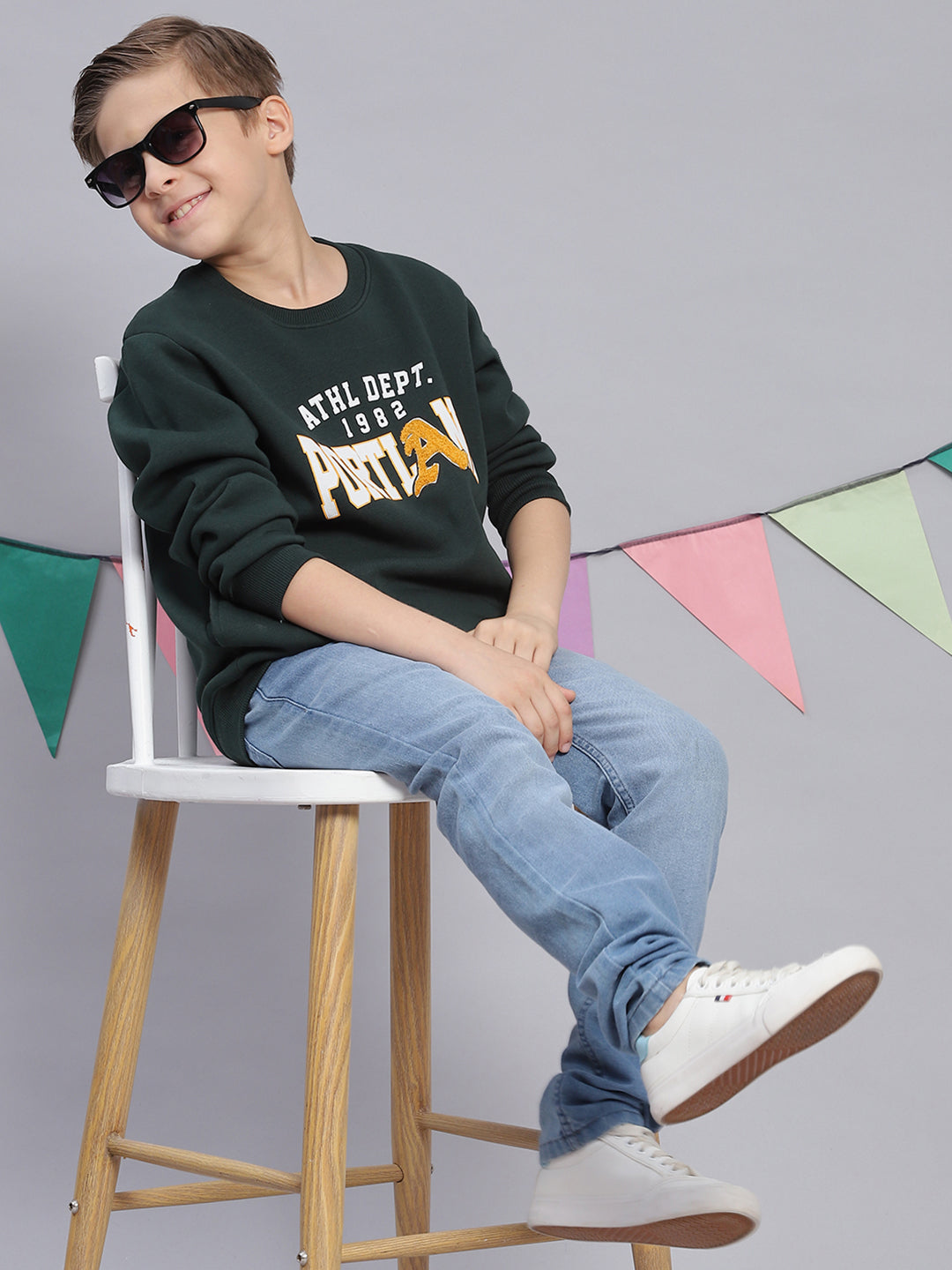 Boys Green Printed Round Neck Full Sleeve Sweatshirt