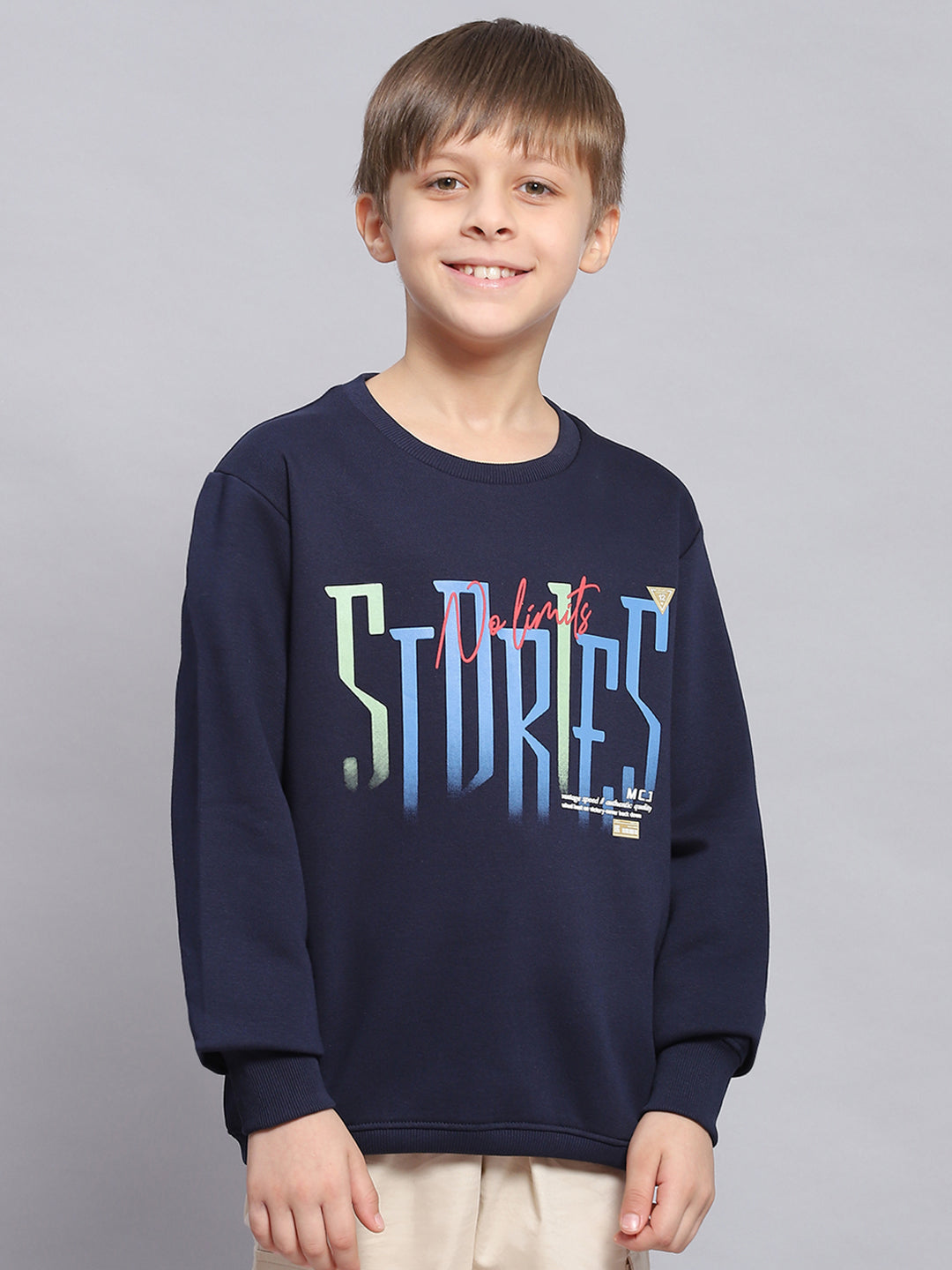 Boys Navy Blue Printed Round Neck Full Sleeve Sweatshirt